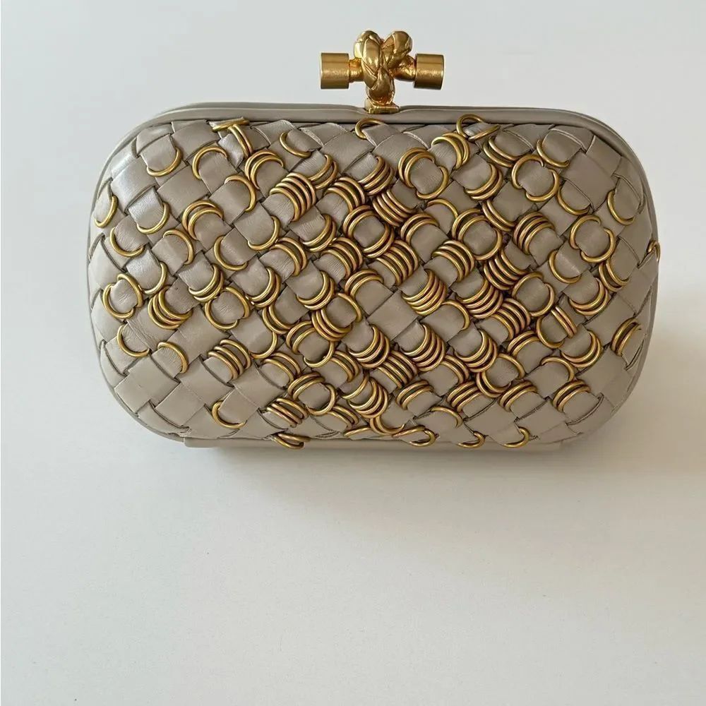 Bottega Veneta Intrecciato Ring Knot Clutch Leather Gold and Gray RARE